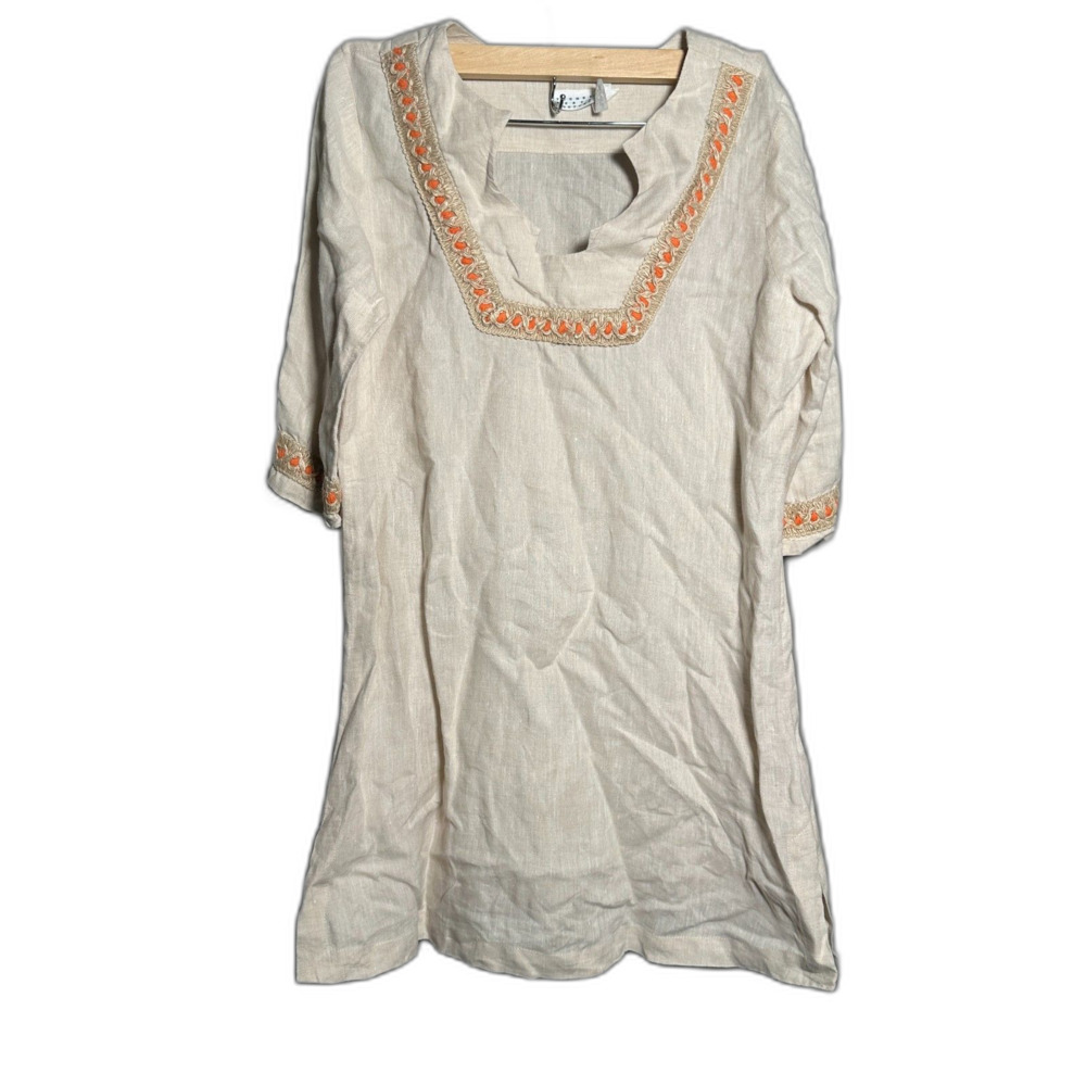 Trunks Beach Couture 100% Linen Tunic Top Beige Orange Embroidery Size S